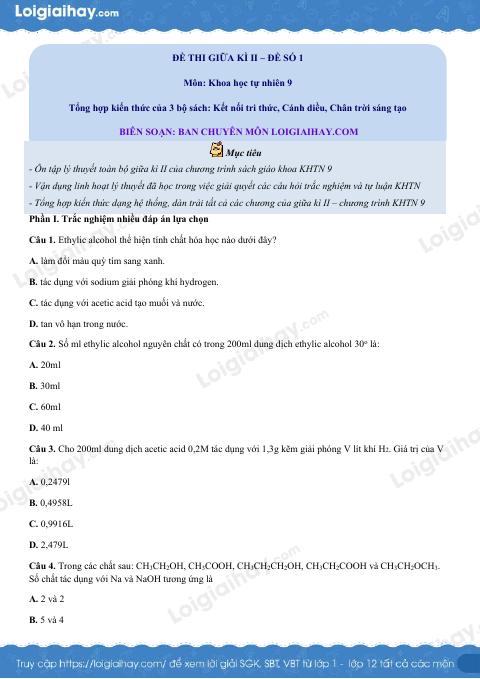 Đề thi giữa kì 2 KHTN 9 Cánh diều - Đề số 1